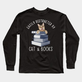 Easily Distracted By Cat & Books Long Sleeve T-Shirt